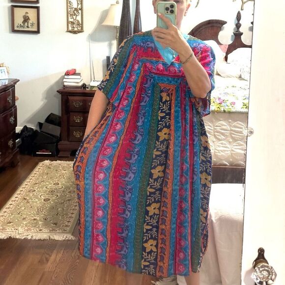 Sante V Neck Multicolored Multi Patterned House Lounge or Summer Rayon Dress - Picture 2 of 8